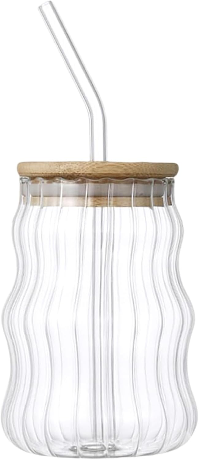 Iced Coffee Cup, 530ml Ripple Shaped Glass Cups with Lids and Straws, Heat-resistant Glass Coffee Cup for Beverage Juice, Whiskey, Soda, Milk, Tea