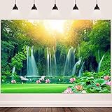 FHZON 10x7ft Waterfall Backgrounds for Photography Green Trees Forest Lotus Lake Sunshine Backdrop Travel Picture Wallpaper Decoration Photo Booth Video Prop TMFH021