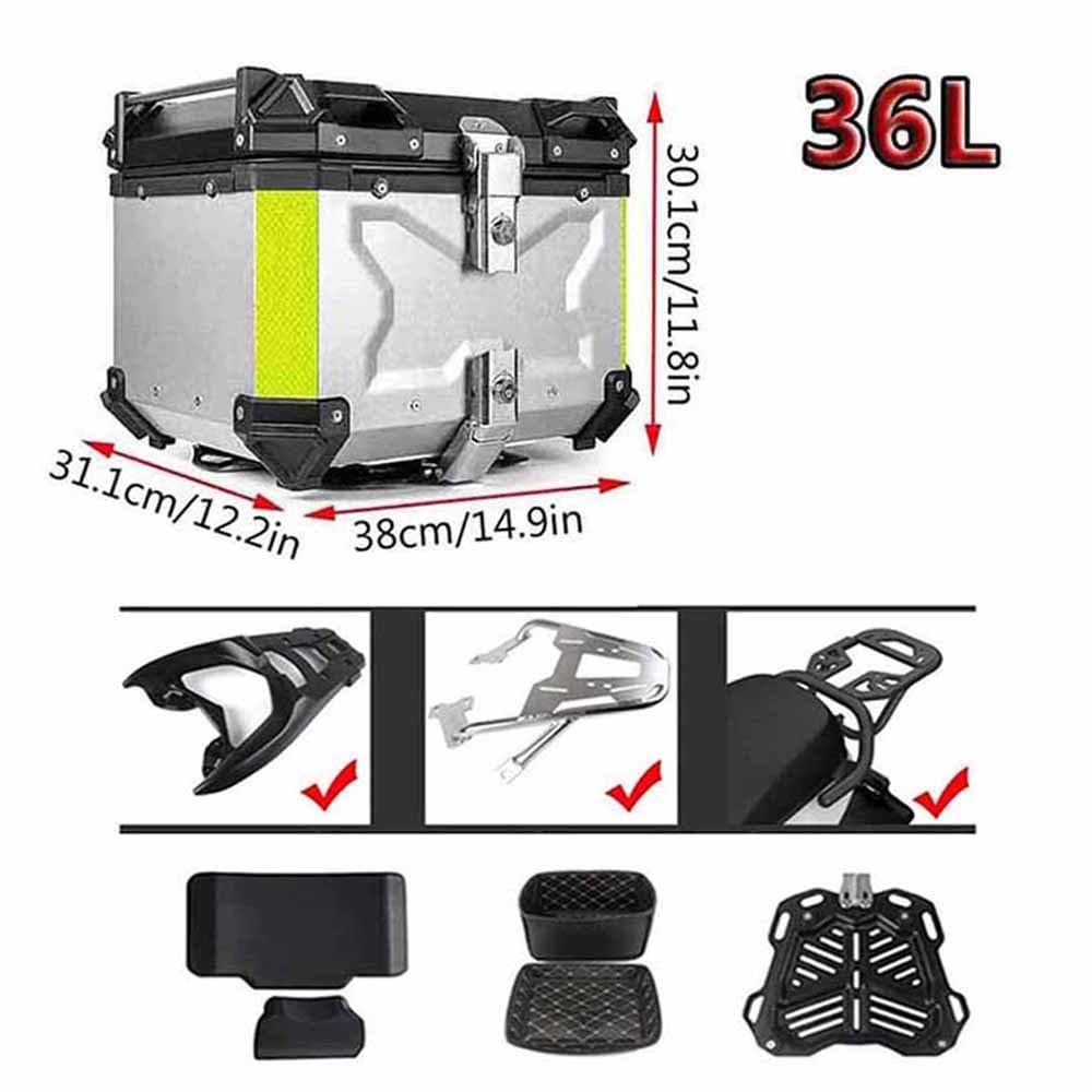 Top Case Moto Aluminium Valise Top Box Étanches 28L 36L 45L 55L 65L 80L 100L Coffre de Moto avec Serrure de Sécurité, pour Rangement Casques(Silver,36L)