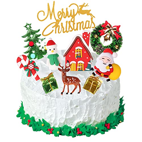 Christmas Cake Topper, HCSSZ 10PCS Merry Xmas Cupcake Decorations with Christmas Tree, Santa, Snowman,Reindeer, Candy