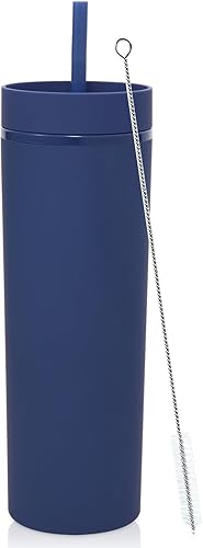 Miniatura 43 de Volhoply Paquete de 4 vasos delgados de plástico de 20 onzas, vaso de doble pared con tapa y pajilla, taza de café helado de viaje, reutilizable