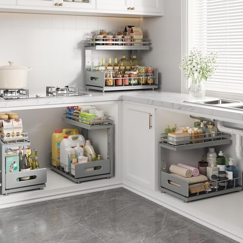 Image of Under Sink Organizer Upgrade To Professional Rails,2-Tier Dual Pull Out Cabinet Storage,Height Adjustable Slide Out Drawers For Bathroom Kitchen,2 Pack-14.5 inchDx12.8 inch-16.9 inchH,Gun Gray