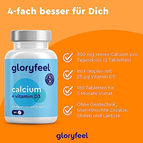 Calcium Tabletten 800 mg + Vitamin D3 1000 I.E. - Kalzium aus Calciumcarbonat Hochdosiert - D3 zur Unterstützung der Calcium-Aufnahme* - 180 Tabletten für 3 Monate - Laborgeprüft, ohne Zusätze