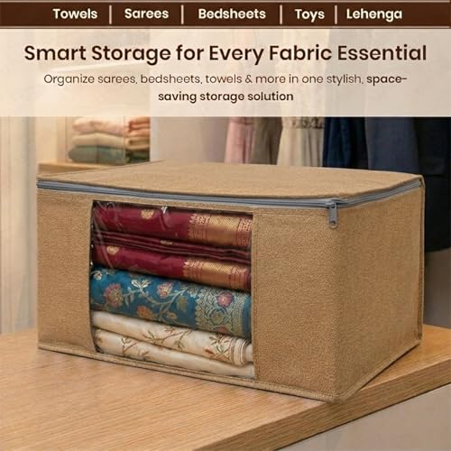 Image of Lukzer Non-Woven Leather Printed Saree Covers for Storage with Transparent Window & Zip - Large Set of 06 | Cloth Storage /Wardrobe Organizer for Woman Clothes /Lehengas /Dresses 45x33x20CM - (LSC-03-06)