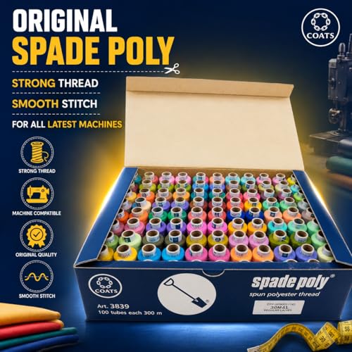 Image of Coats Spade Poly Sewing Thread, Multicolor, Spun Polyester, 300m, 100 Reels, for Sewing Machine, Boutique & Embroidery