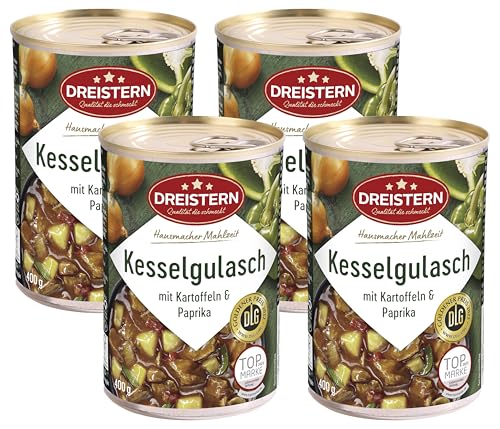 DREISTERN Kesselgulasch mit Kartoffeln und Paprika 400 g | leckeres Fertiggericht in der praktischen recycelbaren Konserve | Hausmacher Mahlzeit mit viel Fleisch und Gemüse (Packung mit 4)