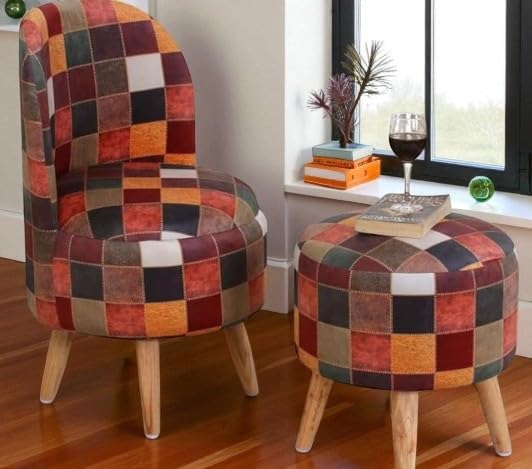 Image of Ottoman for Living Room, Velvet Round Foot Rest Stool, Wooden Legs Chair for Sitting, Ottoman for Bedroom & Makeup Room Decor | Chair (18 inchx18 inchx32 inch), Puffy (16 inchx16 inchx17 inch) | (Multi Box)