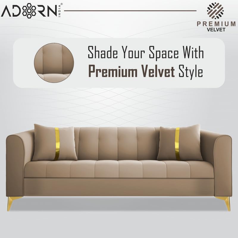 Image of Adorn India Premium Mystic - 3 Years Warranty - 3 Seater Sofa Velvet Suede Fabric - Beige