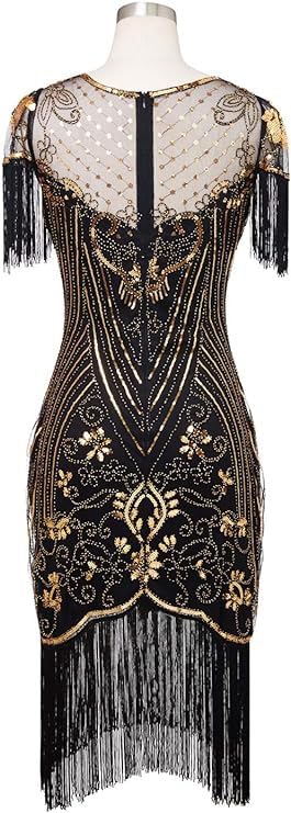 Image of 867 - Plus Size 1920s Vintage Fringed Sleeves Gatsby Sequin Tassels Hem Flapper Party Prom Cocktail Concert Dress