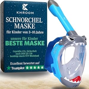 Khroom Schnorchelmaske Kinder 3 - 10 Jahre | TÜV geprüft & CO2 sicher | Vollgesichtsmaske / Tauchmaske Kinder ganzes Gesicht | Tauchermaske mit Tragetasche (Hai Blau)