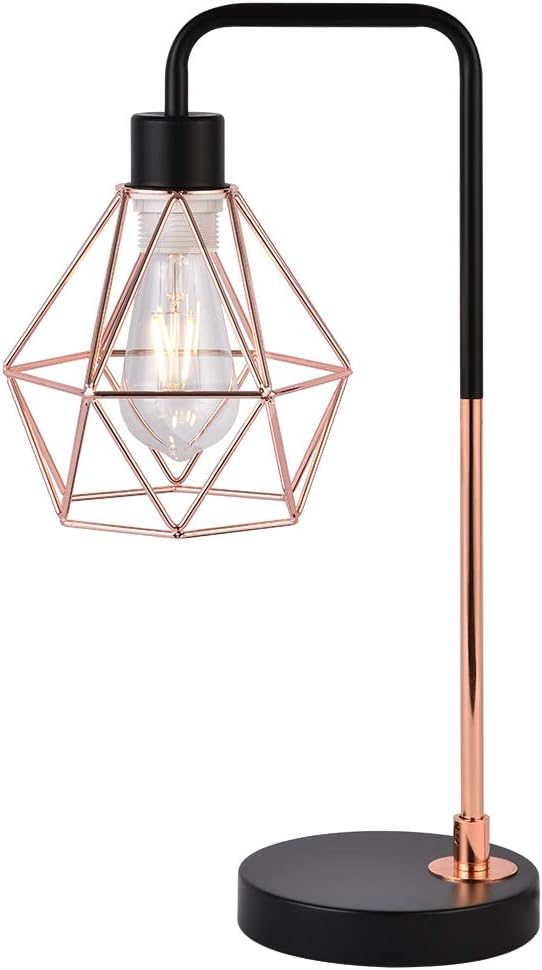 COTULIN Modern Industrial Table Lamp,Delicate Design Desk Lamp for Living Room Bedroom Office,Bedside Lamp with Geometric Cage Shade,Rose Gold