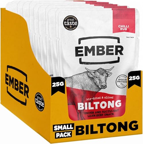 Ember Biltong de Ternera Chilli 250 g - Carne Seca Beef Jerky Rica en Proteinas - Baja en Grasa, Sin Azúcar Añadido, Keto, Sin Colorantes ni Aromas Artificiales - 10 Sobres Snack de 25 g