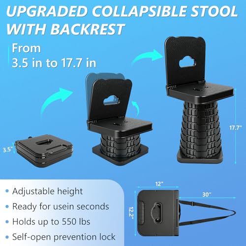 Image of Upgraded Collapsible Stool with Backrest, Portable Telescopic Seat with Carry Bag, Square Folding Stool for Camping Gardening Fishing Hiking BBQ, Max Load Capacity 550lbs