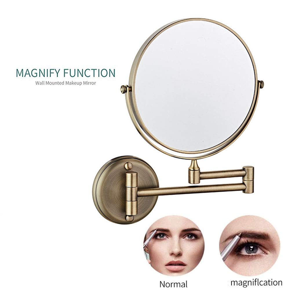 Espejo de maquillaje montado en la pared de 8 pulgadas con aumento, espejo de baño de pared con aumento, giratorio de 360 grados, brazo extensible, redondo, sin luz, para baño (bronce verde