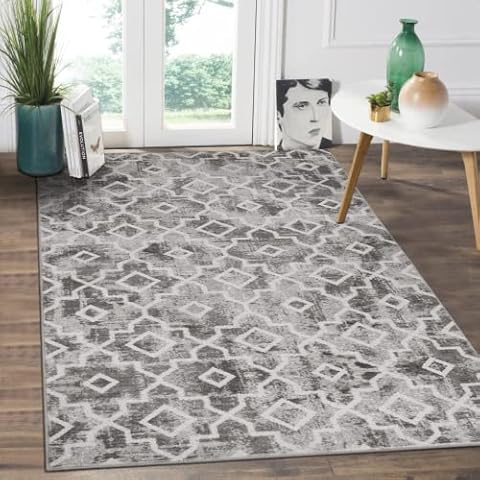 KIMODE Moroccan Area Rugs 90x150cm,Grey Distressed Entry Bedroom Rug Soft Non Slip Washable Modern Geometric Trellis Low-Pile Floor Carpet for Kitchen Bathroom Laundry Living Room Entrance Cover