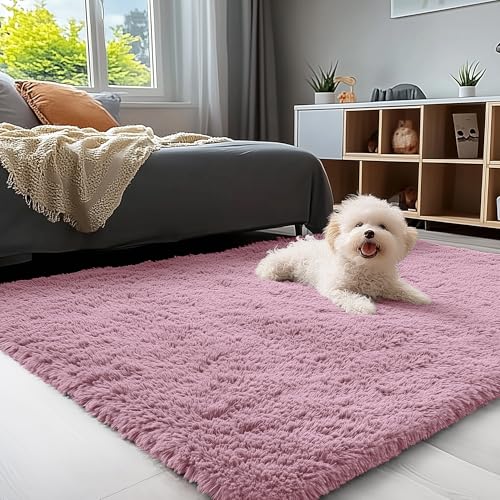 OLANLY Area Rugs for Living Room Bedroom, Machine Washable 4x5.9 ft Soft Fluffy Shaggy Bedside Rug, Indoor Floor Carpet for Kids Girls and Boys, Dorms, Nursery Rooms, Home Decor Aesthetic, Blush