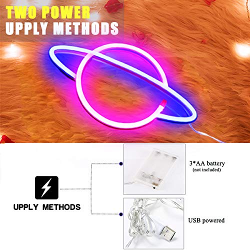 XIYUNTE Planet Neon Light Pink/Blue Led Signs Wall Decor, Battery or USB Operated Planet Lamp Blue Planet Neon Signs Light up for Home,Kids Room,Bar,Festive Party,Christmas,Wedding