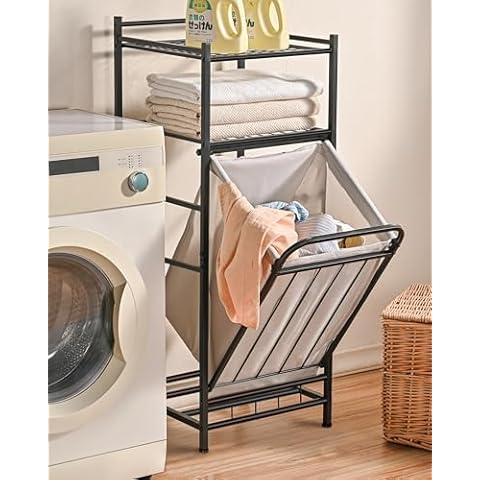 PLKOW Tilt Out Laundry Hamper with Shelf, Laundry Basket Laundry Hamper Cabinet with Removable Liner Bag, 65 Liter, 15.8L x 15.8W x 40H Inch Cover