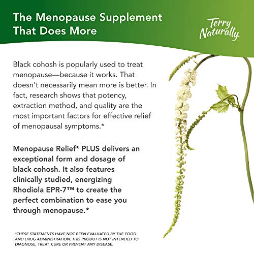 Terry Naturally Menopause Relief Plus - Rhodiola & Black Cohosh Complex, 60 Vegan Capsules - Hot Flash & Night Sweat Relief, Energy & Mood Support, Soy Free - Non-Gmo, Gluten-Free - 60 Servings #TOP3