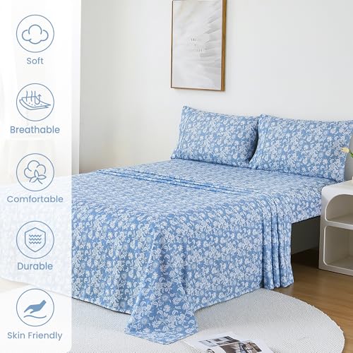 Image of Mooreeke Cozy Vintage Microfiber Printed Twin Sheet Set - Soft & Breathable Blue Paisley Bed Sheets with Extra Deep Pocket - Non-Slip Fitted Design - Blue Flower Pattern - Twin