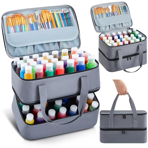 Image of Abbylike Acrylic Paint Organizer Case for up to 56 Bottles (2 Oz) Double Layer Art Supply Storage Bag Alcohol Ink Storage Paint Carry Case with Foam Insert and Inner Pocket(Gray)