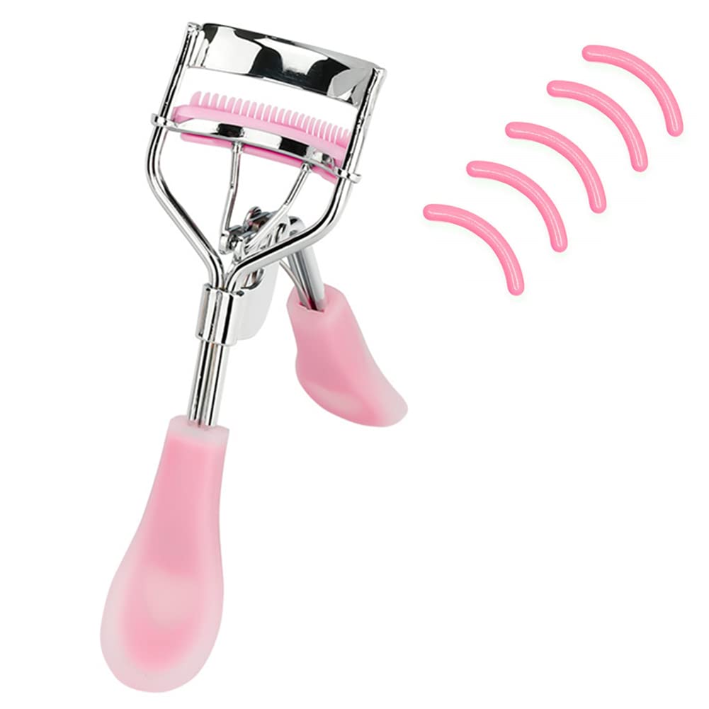 MERVK Stainless Steel Eyelash Curler with Built-in Comb Pinch Pain-Free Suitable for Any Eye Shapes and Sizes, with 5 Silicone Refill Pads (Hazy Pink)