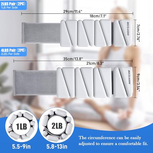 Image of BECOJADDE Ankle Weights for Women Wrist Weights Set of 2 (1 lb /2 lb Each) Adjustable Arm Leg Weight for Womens Men Suitable for Walking Swimming Running Pilates Yoga Gym