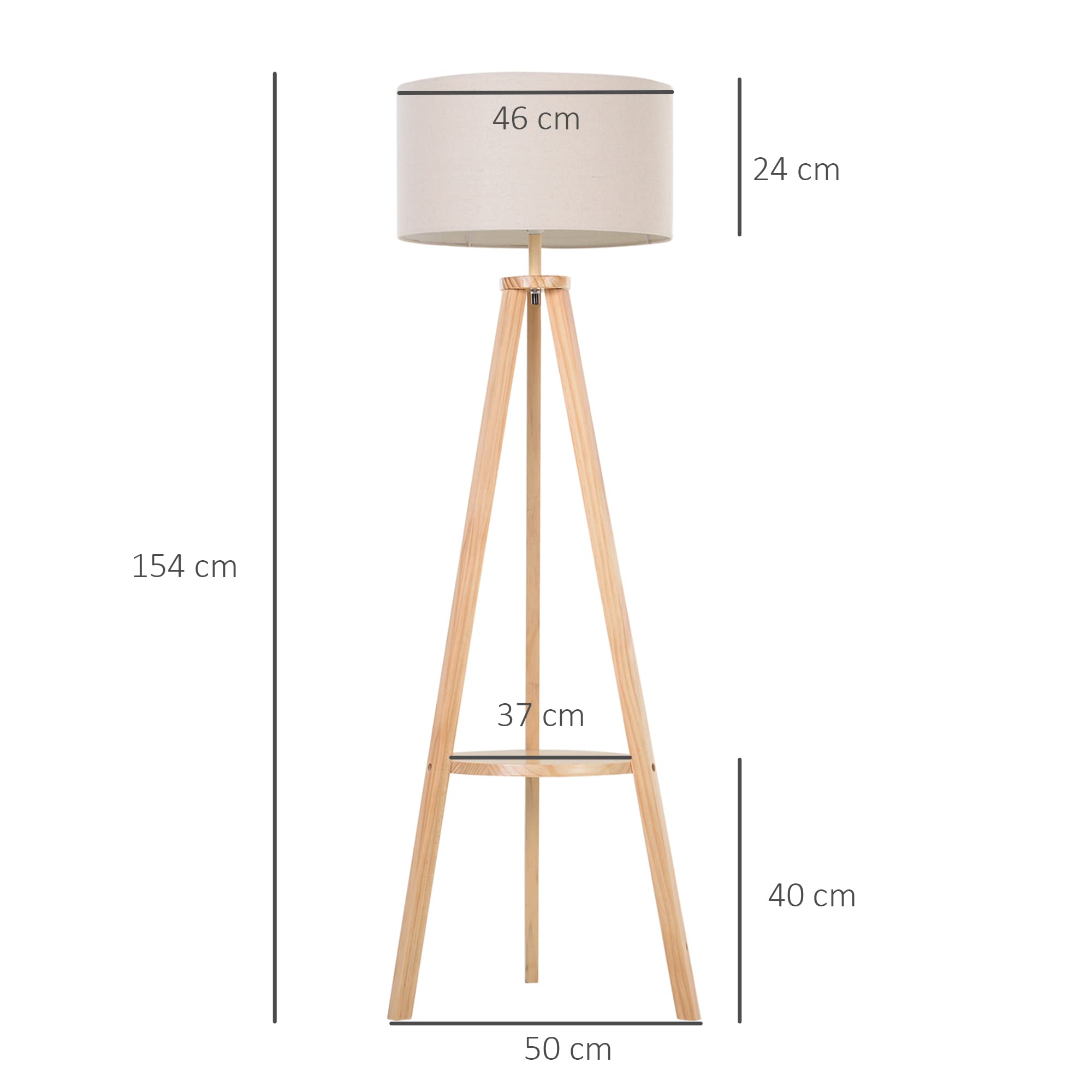 HOMCOM Lámpara de Pie Trípode con Estante Pantalla de Lino Beige y Natural | Lámpara de Salón, Interruptor de Pie, para Sala de Estar, Oficina, Dormitorio