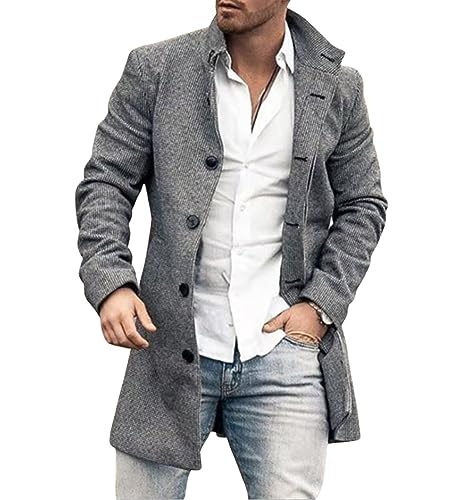 chouyatou Men's Vintage Plaid Floral Pattern Single Breasted Business Casual Winter Wool Blend Coat Peacoat