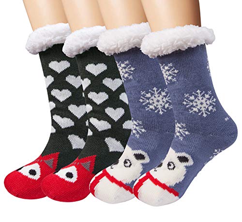 Loritta 2 Pairs Slipper Socks Winter Warm Thick Fleece Fuzzy Cozy Cute Animal Socks for Women,A-Fox Polar Bear(2 Pairs)