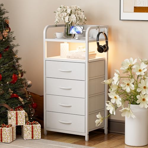IKIFLY チェスト 棚付きタンス 収納チェスト LEDライト付き 引き出し 洋服収納 箪笥リビング収納 布製引き出し 寝室収納ケース USBポート 衣類収納 軽量 コンパクト 省スペース 薄型 スリム 転倒防止 組み立て簡単 2段階棚【幅40×奥行30×高さ83.5cm】ホワイト