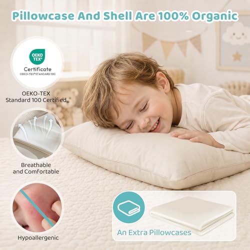 Image of Adjustable Kids Pillow for Ages 4-12 with Organic Cotton Pillowcase | 16x22 Youth Pillow, CPSC and OEKO-TEX Certified, Hypoallergenic, Machine Washable, Bedroom, Preschool Nap, Camping
