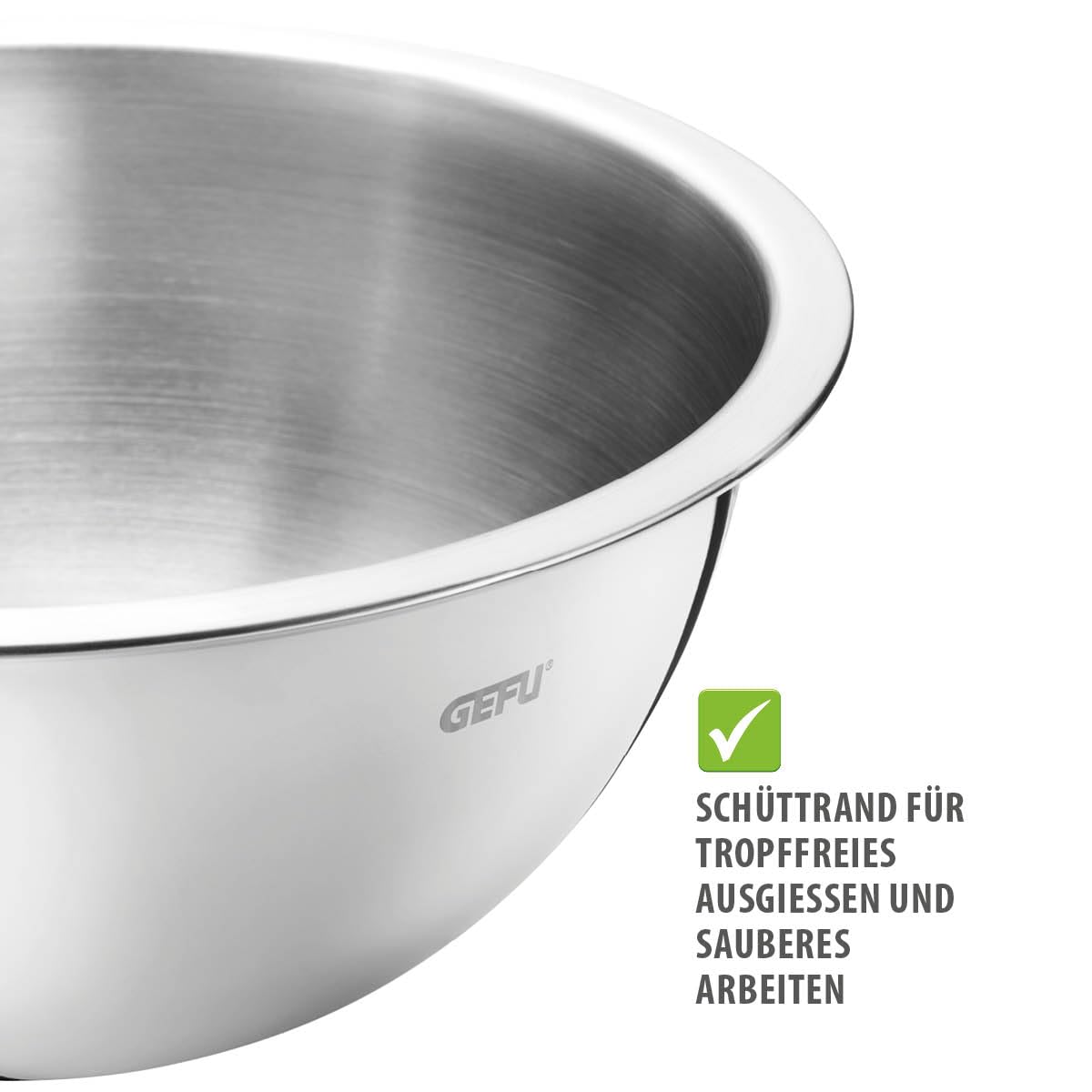 GEFU 4x Edelstahlschüssel-Set CAVARO - Küchenschüssel mit Schüttrand | Salatschüssel Set stapelbar aus Edelstahl - Rührschüssel spülmaschinengeeignet für Teig & Sahne - 1l, 1.5l, 2.7l & 3.5l