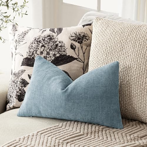 Image of Foindtower Pack of 2 Soft Textured Chenille Throw Decorative Pillow Covers Square Accent Solid Cushion Cover Neutral Lumbar Pillow Case for Couch Sofa Bedroom Living Room 12x20 Inch,Sky Blue
