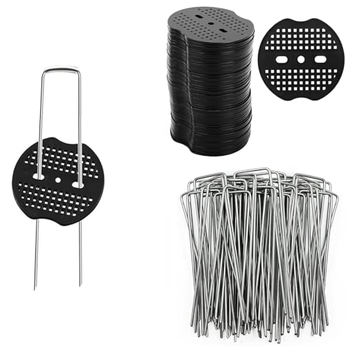 Unkrautvlies Haken 50 Stück Erdanker + 50 Stück Unterlegscheiben Erdanker Verzinkt für Unkrautvlies U-förmige Garten Erdnägel Zelt Heringe für Gartenvlies Netzen Camping Gartenarbeit Kunstrasen
