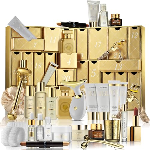 LOVERY 24-Day Luxury Beauty Advent Calendar for Women Premium Holiday Gift Set with Skincare Perfume Candles and Beauty Tools Deluxe Gold Self-Care Countdown to Christmas