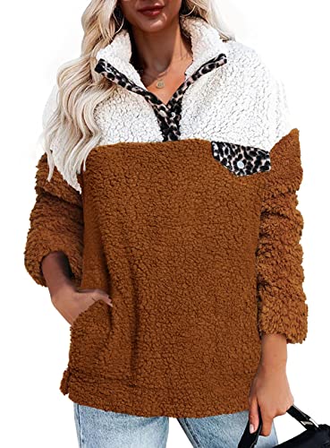 Photo 1 of Ermonn Womens Sherpa Fuzzy Fleece Sweatshirt Oversized Contrast Color Button Cozy Pockets Pullover Jacket Coat Brown Medium