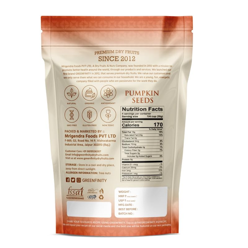 Image of GreenFinity Raw Pumpkin Seeds | Rich in Fiber, Protein and Antioxidants | Healthy Diet Snack Superfood Ideal for Immunity Booster, Cooking, Salads, Baking, Smoothies and Everyday Munching (500g)