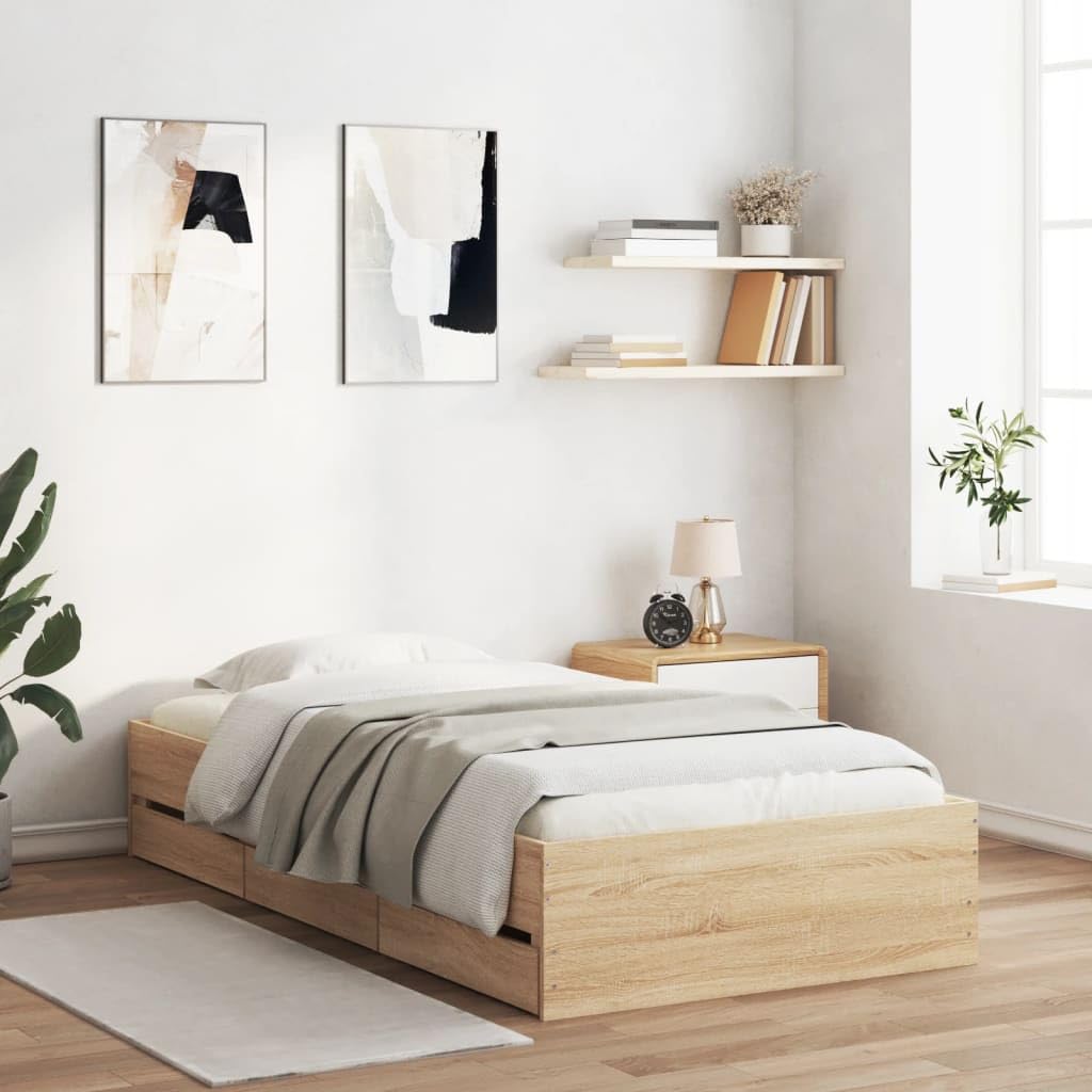 vidaXL Bettgestell, Bettrahmen mit Lattenrost, Bett Gästebett mit Schubladen, Einzelbett Schlafzimmerbett Schlafzimmermöbel, Sonoma-Eiche 100x200cm Holzwerkstoff