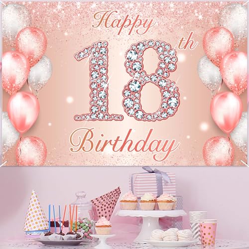 Image of Happy 18th Birthday Rose Gold Banner Cheers to 18 Years Old Backdrop Confetti Balloons Theme Decor for Girls 18 Years Old Pink Birthday Party Decorations Bday Supplies Background Favors Gift Glitter