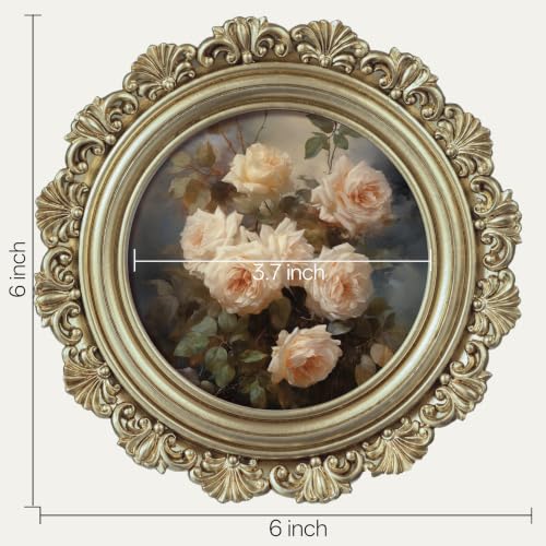 Image of eletecpro 4x4 Round Picture Frame Glass Cover, Vintage Gold | Retro Ornate Gold Photo Frame for Tabletop or Wall Mount Decor