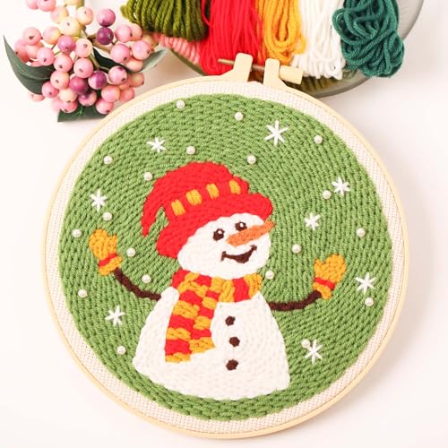 Image of Harimau 3pcs Beginner Embroidery Kit,Christmas Pattern,Punch Needle Kits, Including Stamped Embroidery Cloth with 3 Embroidery Hoops, Multicolor Color Threads for Embroidery Kit
