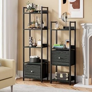 Furologee 5 Tier Bookshelf with Drawer Kitchen Bakers Rack with Storage Tall Narrow Bookcase Industrial Free Standing Display Shelf Wood and Metal Book Shelf for Bedroom Living Room Black