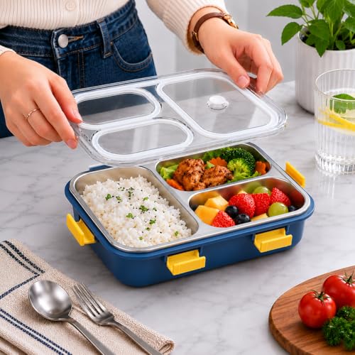 Image of Misamo Enterprise Stainless Steel Lunch Box for Kids & Adults, 3 Compartment Lunch Box, Leak Resistant Food Grade Tiffin Box with Spoon & Fork, BPA Free (Blue)