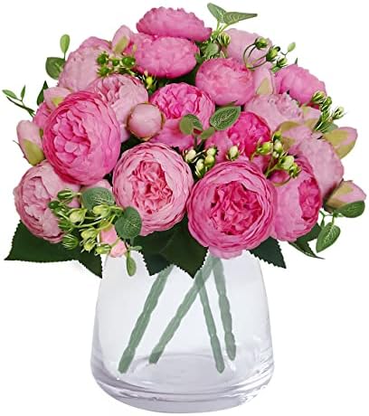 Wcro Artificial Flowers 4 Bunches Peonies Bouquets 20 Heads Silk Peonies Fake Flowers for Home Window Wedding Party Decoration(Rose Red&Pink), Vase No Included
