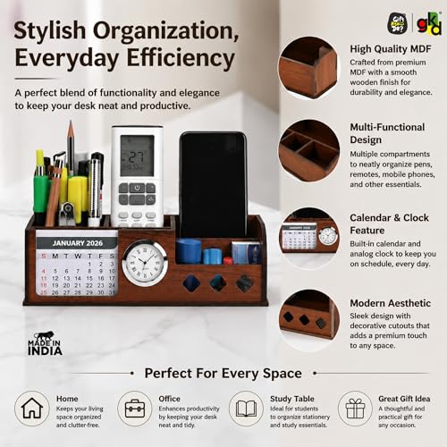 Image of GKD Wooden Desk Calendar 2026 with Clock & Desk Organizer | Premium Engineered Wood Table Calendar for Office & Home Decor | Corporate Gift | Made in India