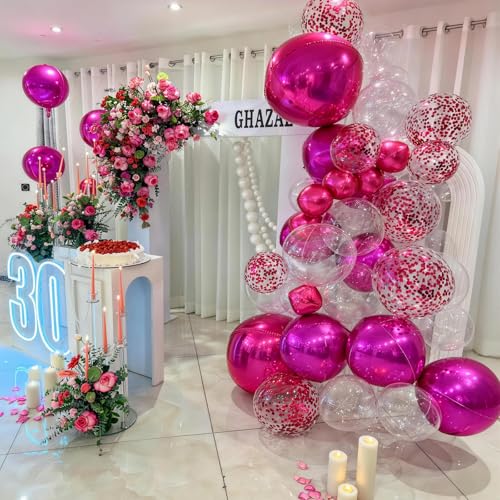 Image of 14 Pcs Hot Pink Round Foil Balloons 22 /15 /10 4D Ball Balloons Metallic Pink Fuchsia Balloon Ornament Mylar Balloon Chrome for Graduation Birthday Anniversary Disco Valentines Party Decorations