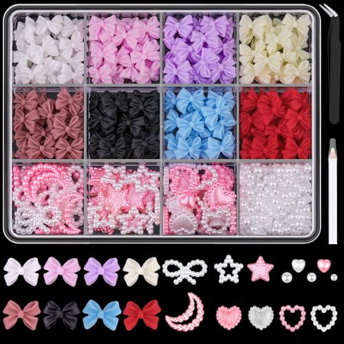 600 Pcs 3D Nail Bow Charms and Flatback Pearls Nail Charms Set 5
