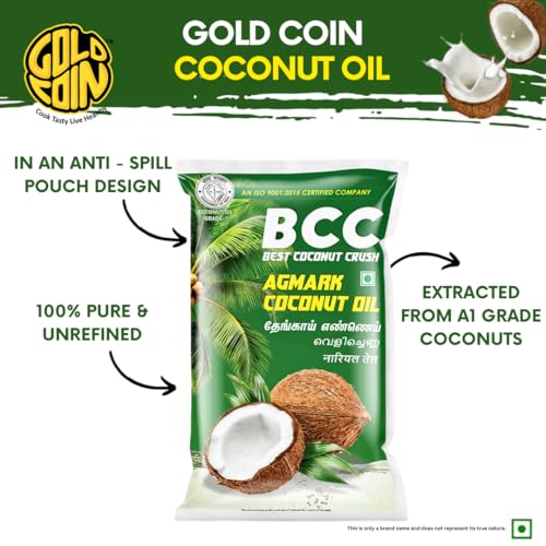 Image of GOLD COIN Agmark Coconut Oil 1L Pouch | 100% Pure Edible Grade | No Chemicals | Medium Chain Fatty Acids | Boosts Immunity | Leak-Proof HDPE Pack | Natural Coconut Aroma