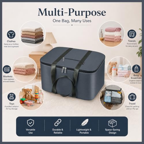 Image of Storite Twill Nylon Underbed Storage Bag Moisture Proof Cloth Organiser | with Zippered Closure and Handle (Grey, 56x46x30cm) Rectangular